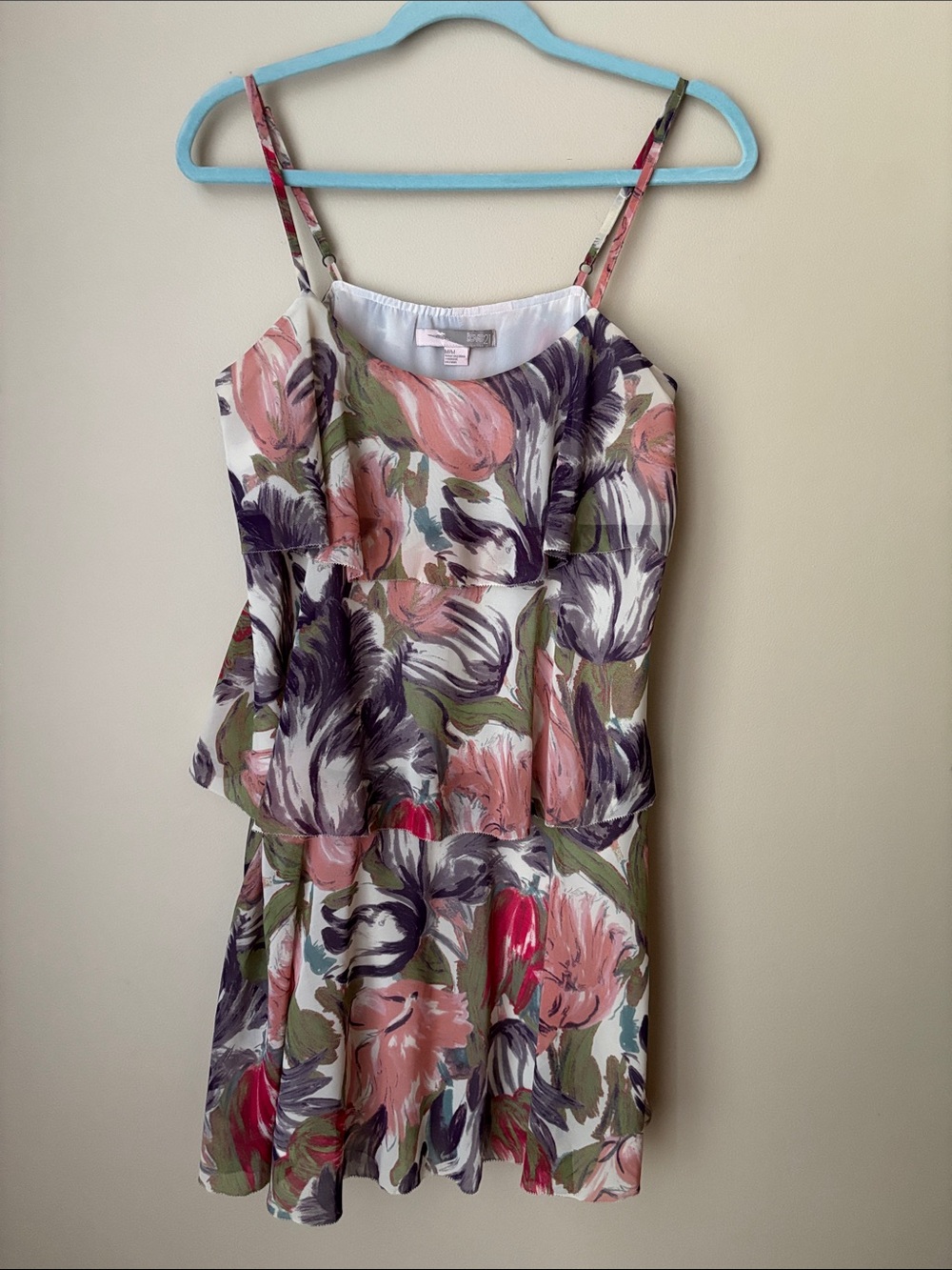 Forever 21 Floral Tiered Spaghetti-Strap Mini Dress - Pink, Purple & Green